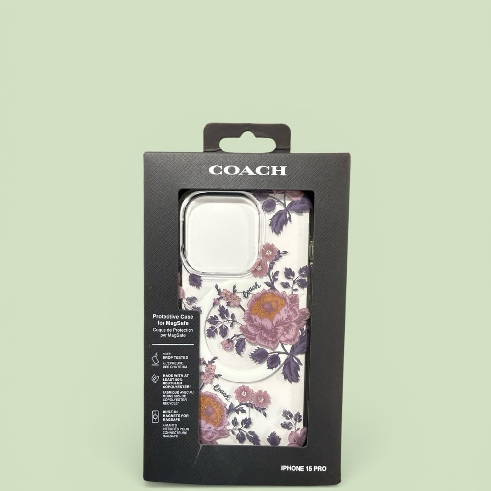 COACH White Floral iPhone 15 Pro Case with Purple and Pink Flowers